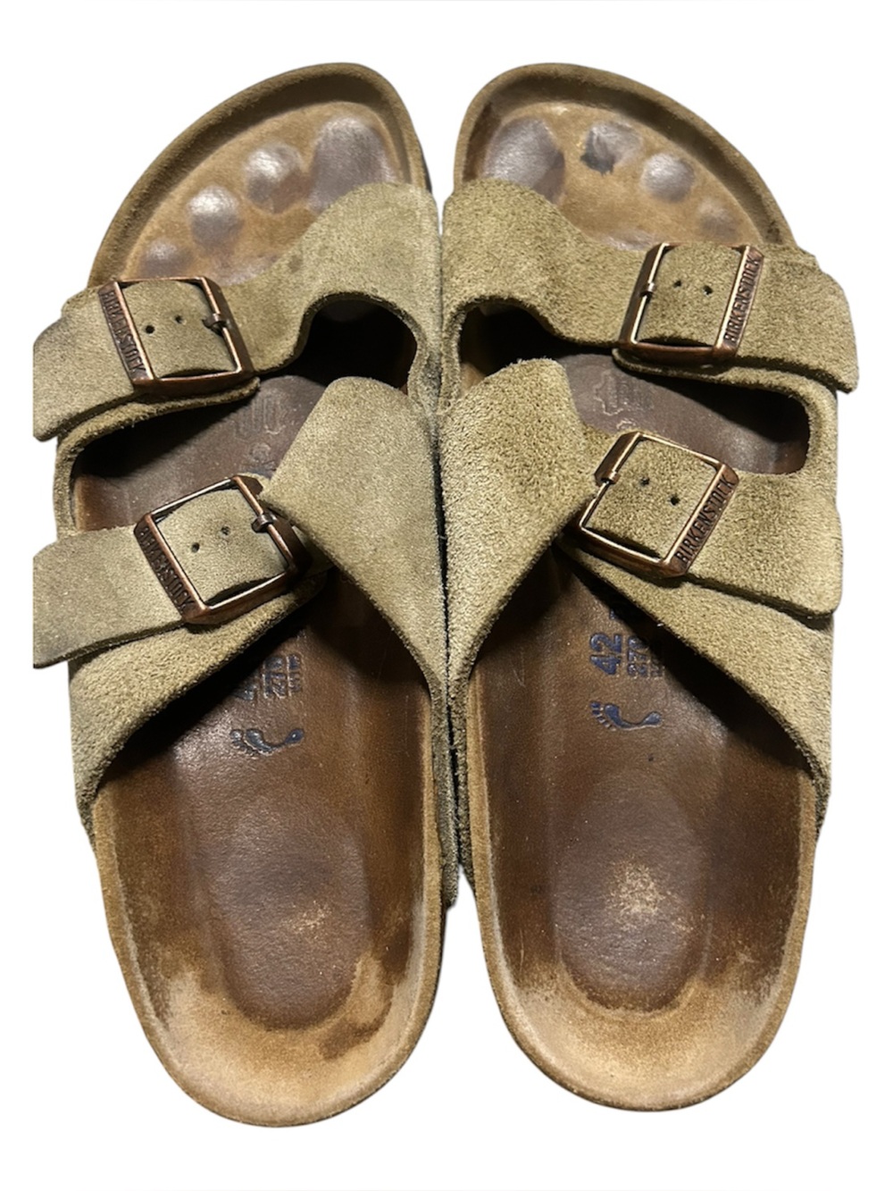Birkenstock Olive Suede Double-Strap Sandals with Brown Footbed